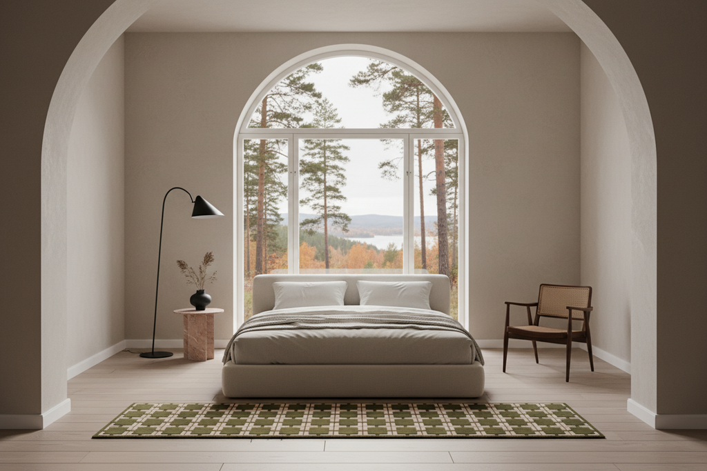 A minimalist bedroom interior with a low platform bed centered beneath a large arched window, flanked by a black floor lamp and a wooden chair. The room has warm beige walls and flooring, with a green and beige plaid rug in front of the bed.