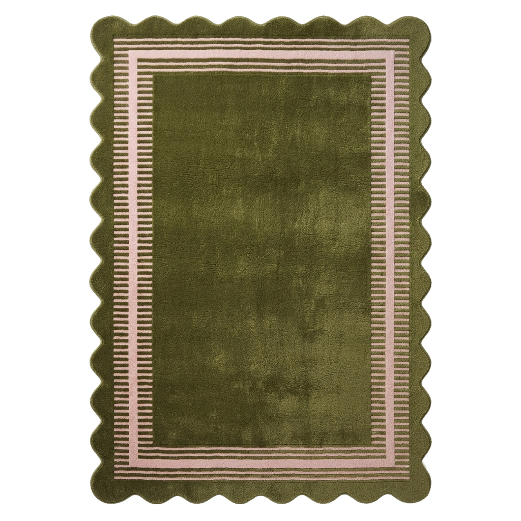 Olive Green Hand-Tufted Rug with Cream Border and Scalloped Edge