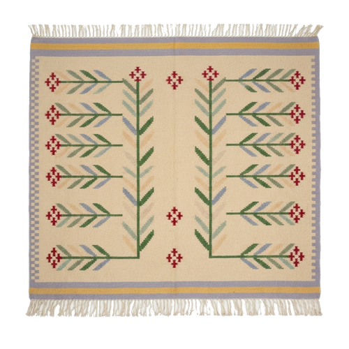 Cream Folk Art Cotton Flat Weave Rug with Botanical Vines