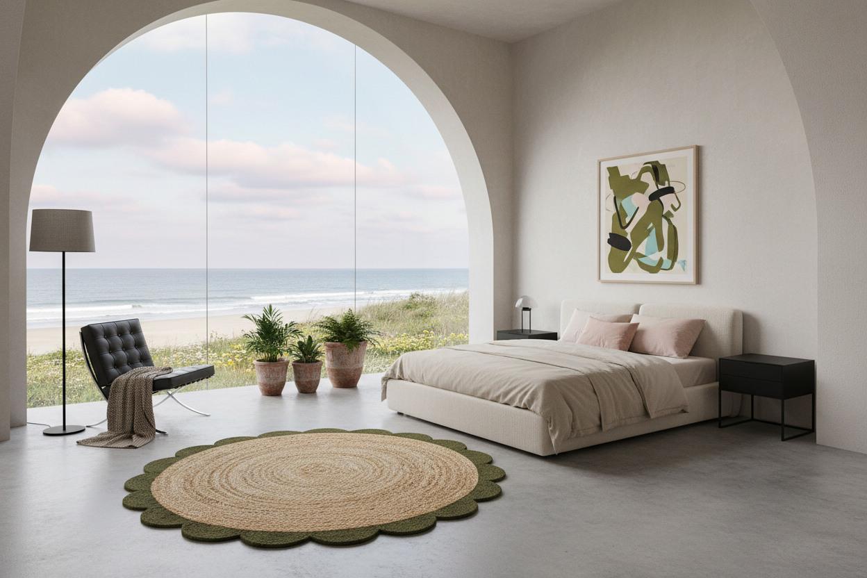 Natural Round Braided Jute Rug with Olive Green Scalloped Border