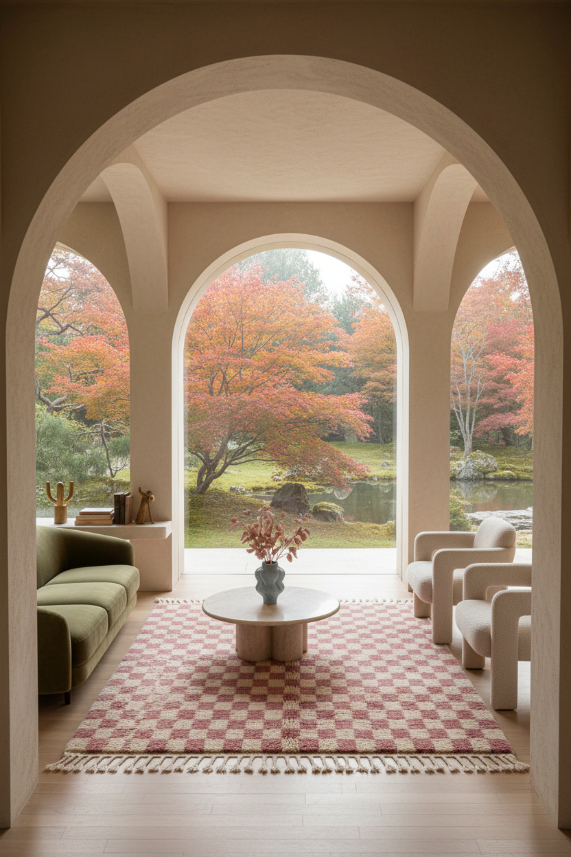 A beautifully styled interior room framed by three large arched windows looking out onto an autumn garden with orange foliage. The room features a pink and white checkered rug, a round white coffee table with a vase of flowers, a green sofa on the left, and modern cream armchairs on the right.