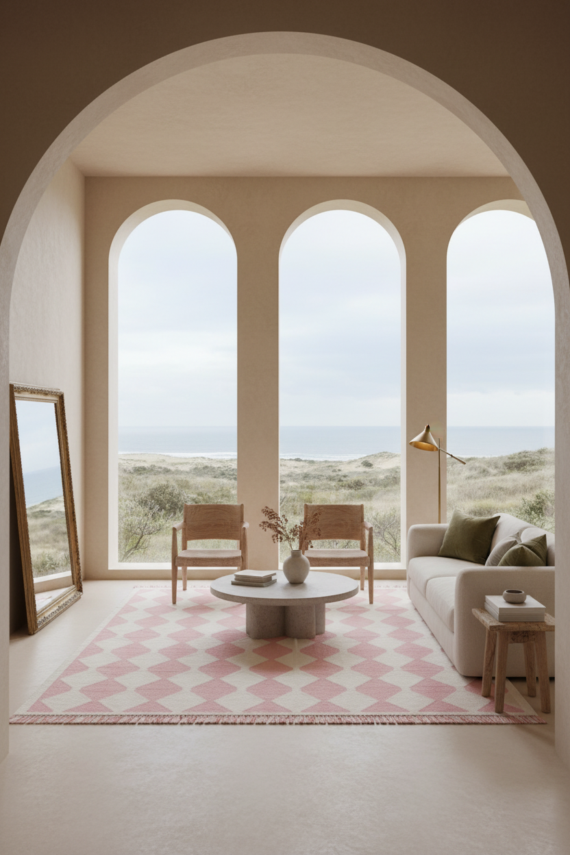 Pink and White Diamond Harlequin Cotton Flat Weave Rug