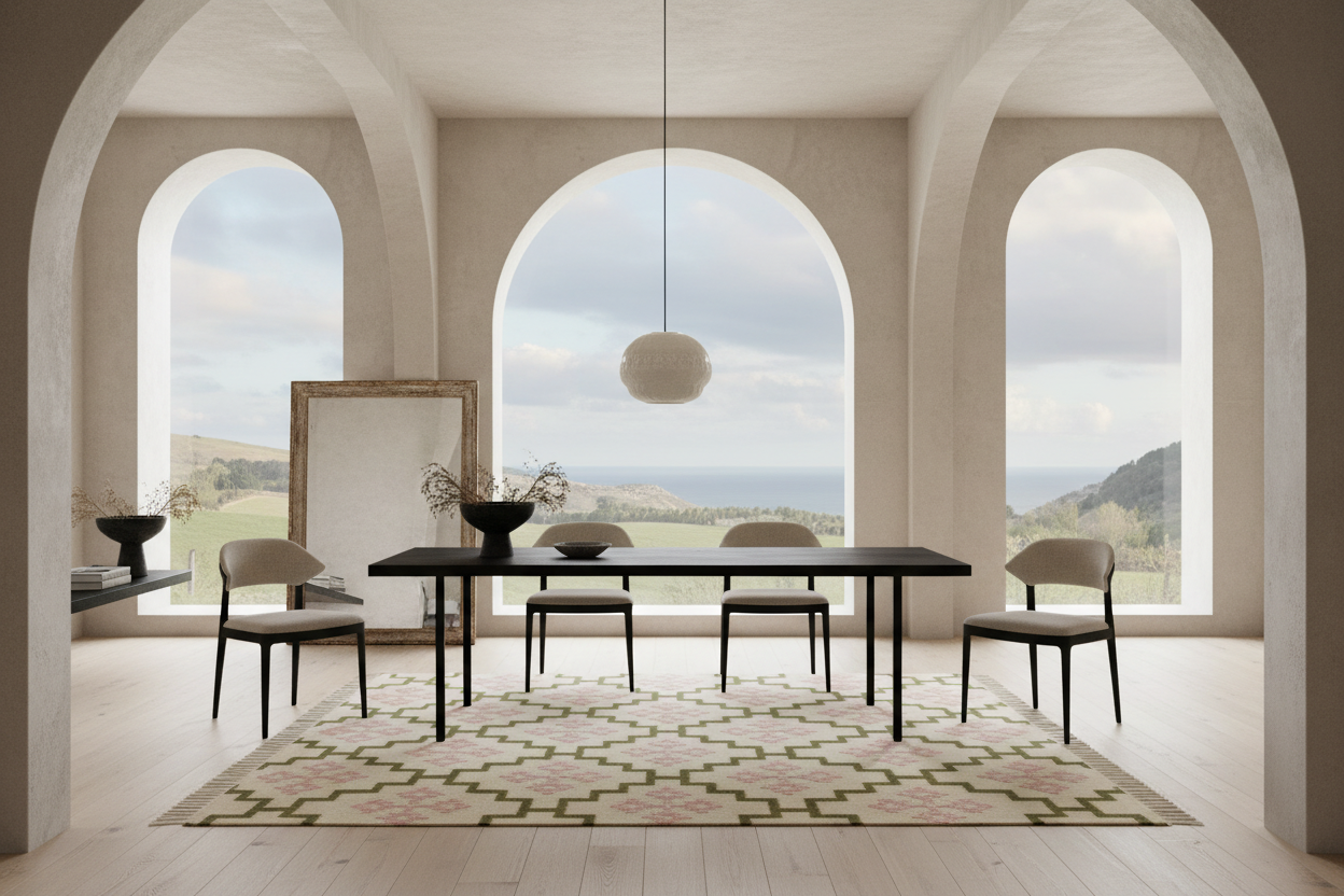 Cream and Olive Green Moroccan Trellis Cotton Flat Weave Rug