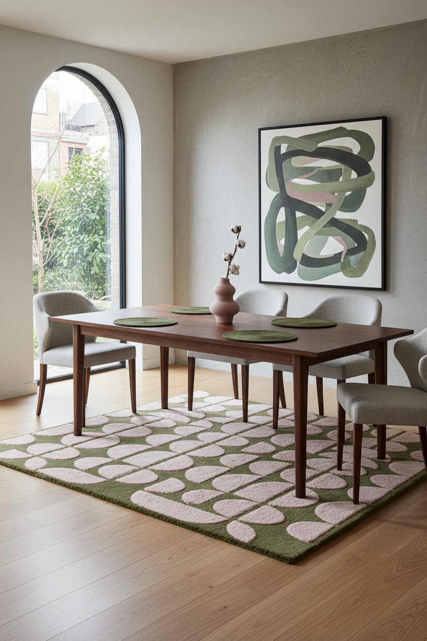 Olive Green Hand-Tufted Rug with Pink Half Moon Pattern