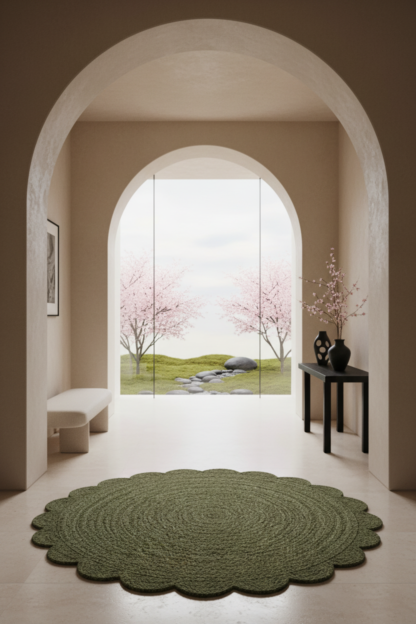 A round scalloped green woven rug sits on a light beige floor in a minimalist arched entryway. Beyond the opening, a serene outdoor scene with pink cherry blossom trees, a stone path, and a grassy lawn is visible.