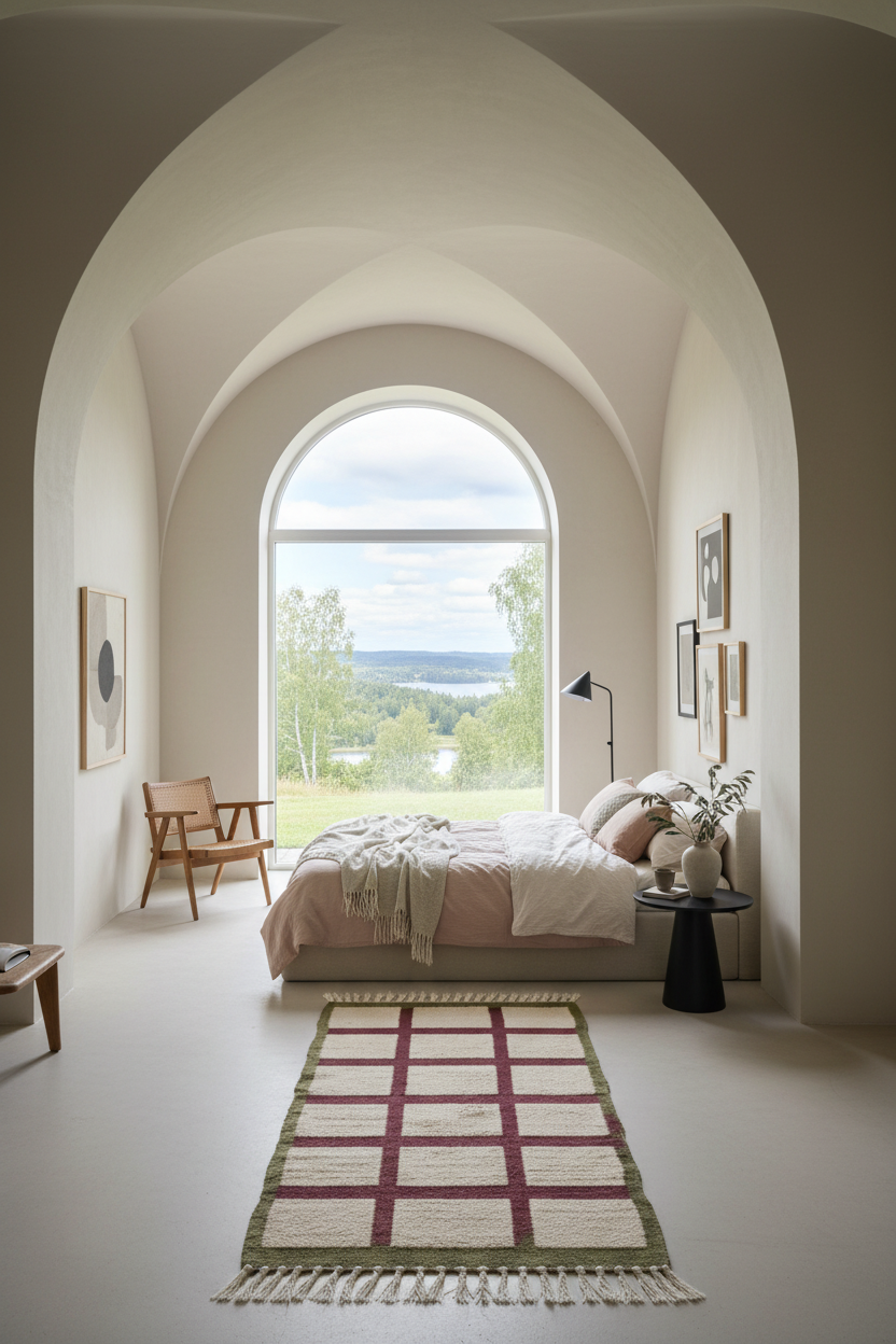 A beautifully styled bedroom with a large arched window looking out onto a green landscape. The room features neutral beige walls, a bed with pink and white bedding, a patterned runner rug on the floor, and a wooden chair.