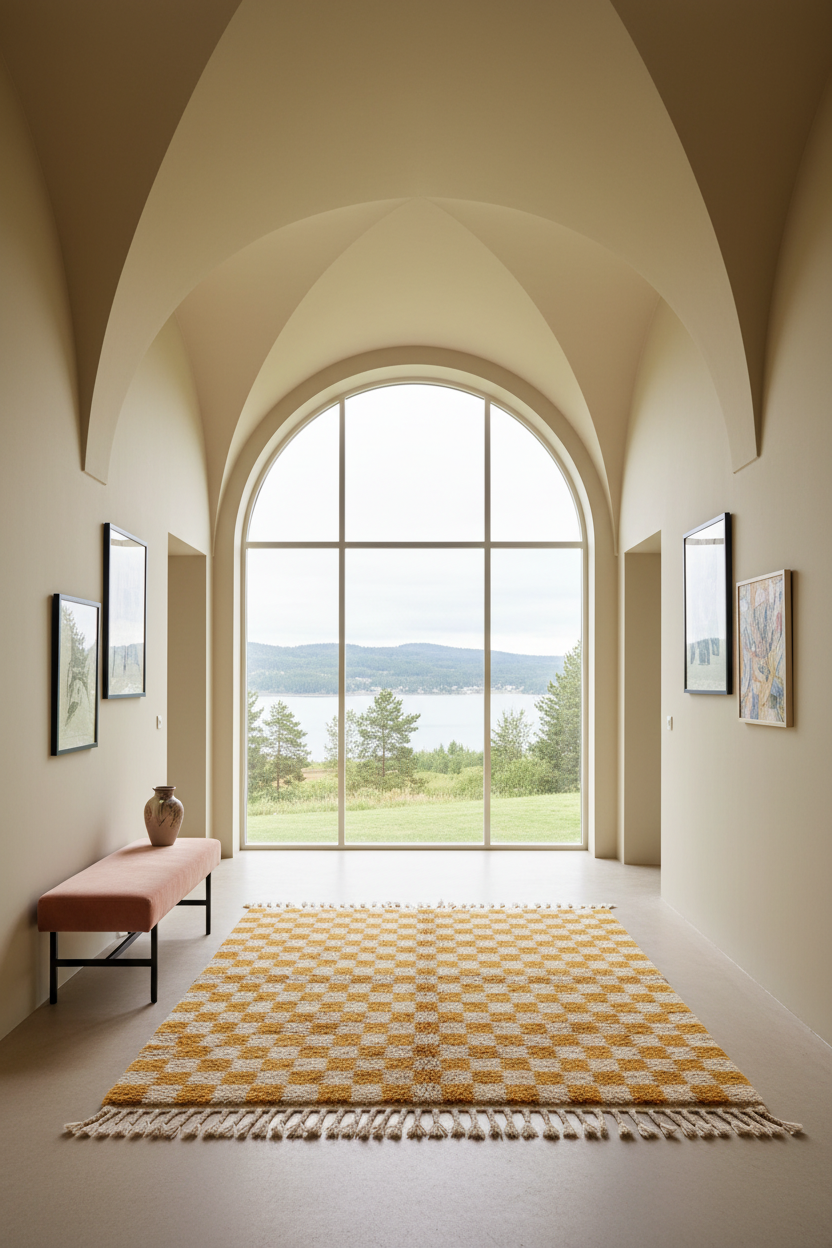 A large yellow and cream checkered area rug with fringe, displayed in a spacious, modern hallway with an arched window overlooking a scenic lake and forest.