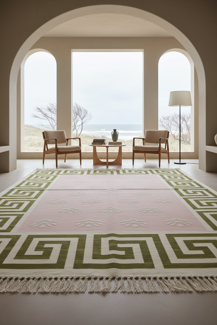 A large rectangular area rug with a Greek key border and fringe, shown in a styled interior room with two armchairs, a small table, and a floor lamp near large arched windows overlooking a beach.