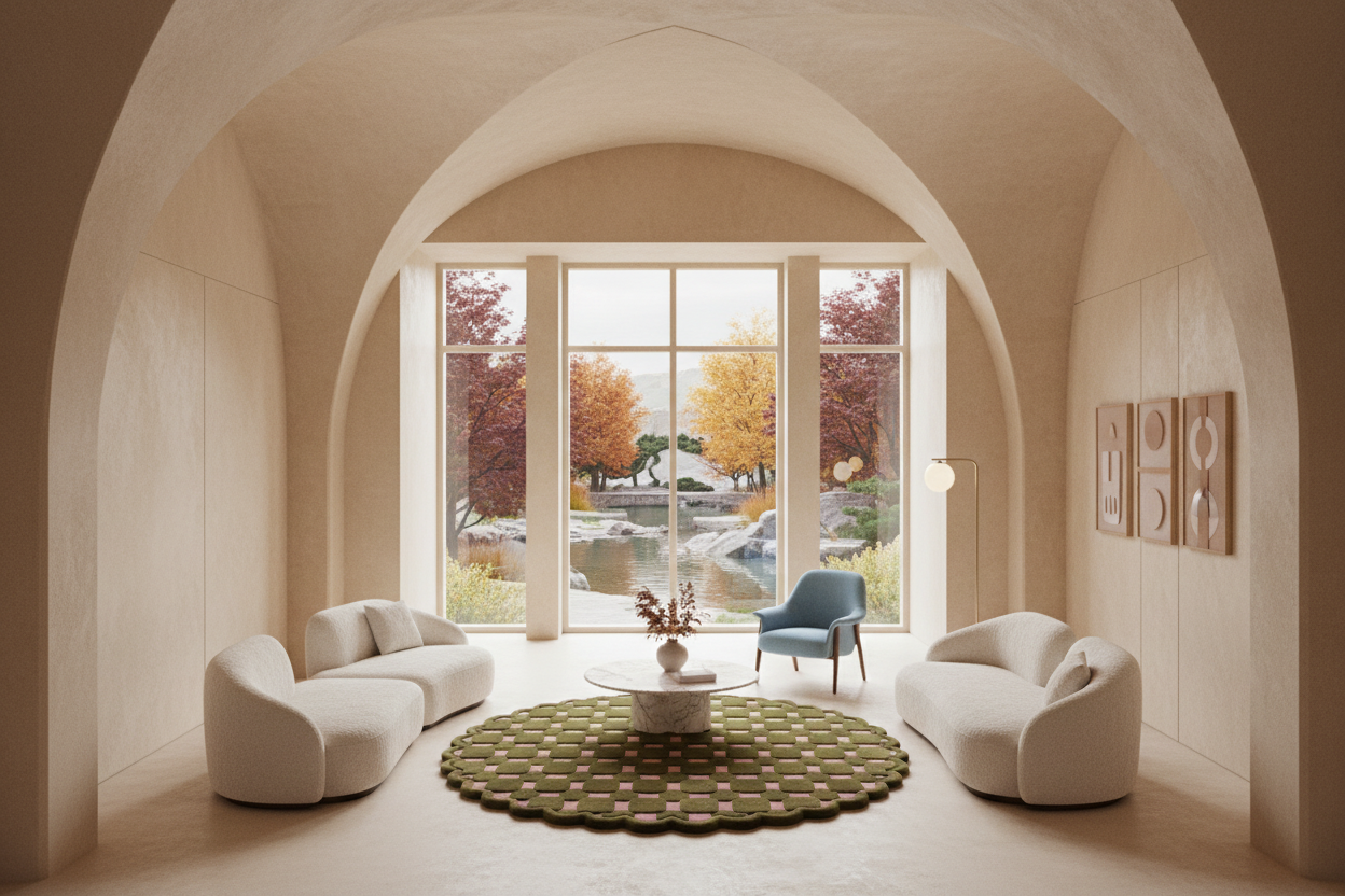 A modern interior scene with two curved cream sofas facing a round green rug and small central table, set in a large arched room with tall windows overlooking a garden pond and autumn trees.