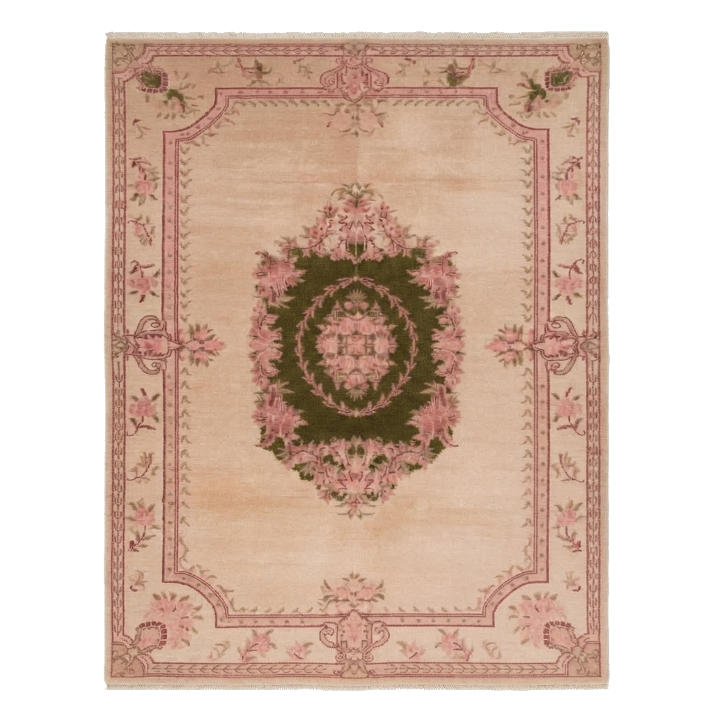 Blush Pink Hand-Knotted Rug with Olive Green Persian Medallion