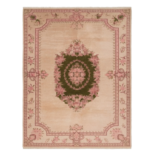 Blush Pink Hand-Knotted Rug with Olive Green Persian Medallion