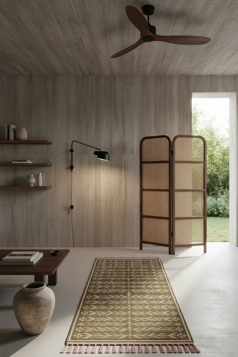A modern interior room with a patterned beige and brown runner rug on a light floor, a wooden ceiling fan, a folding rattan screen, shelves, and a window looking out to greenery.