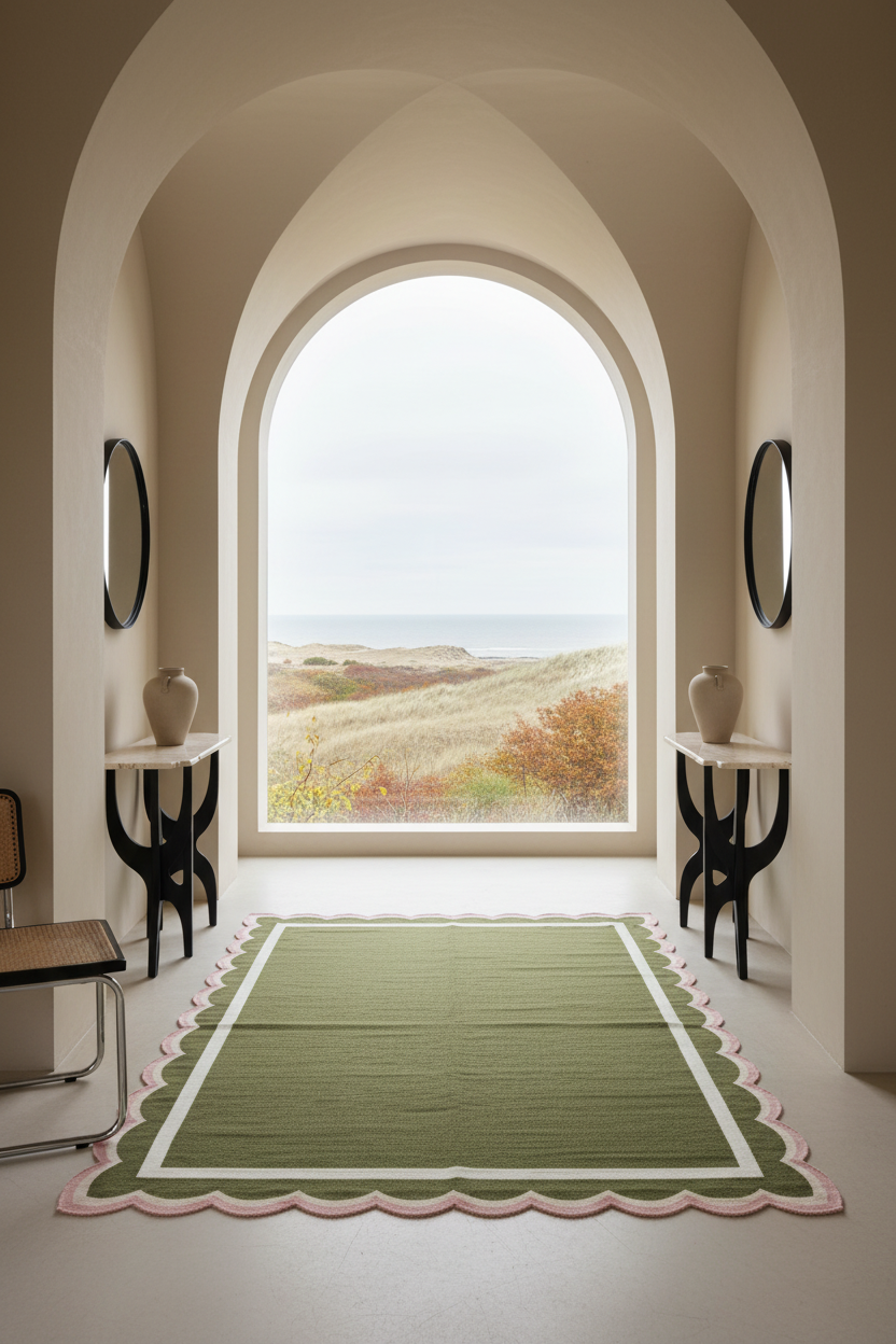 A green rectangular rug with a scalloped pink and white border is displayed on a light floor in a modern room with arched windows overlooking a beach landscape.