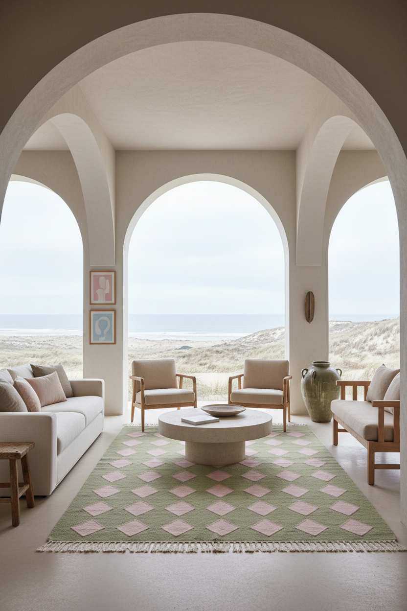 A styled living room with a large green and pink diamond-patterned area rug, a round white coffee table, and two beige armchairs, framed by a large white sofa and set under a series of arches overlooking a beach dune and ocean view.