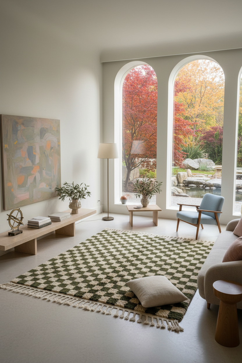 A large rectangular area rug with a black and cream checkerboard pattern and fringe trim, styled in a bright, modern living room with arched windows showing an outdoor garden view.