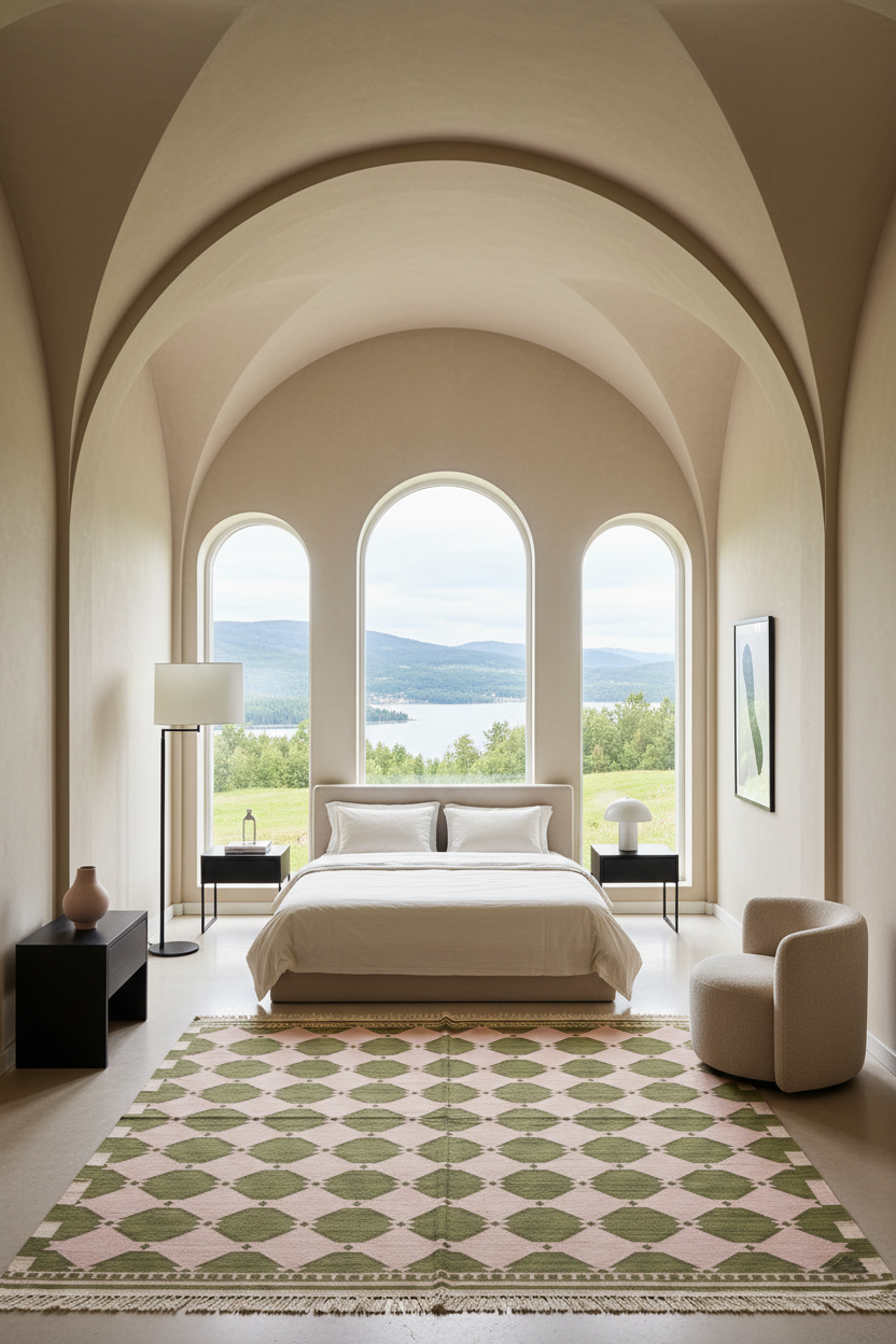 A luxury bedroom interior featuring a large green and pink patterned area rug in front of a bed, set in a grand arched room with three arched windows overlooking a scenic lake and mountains.