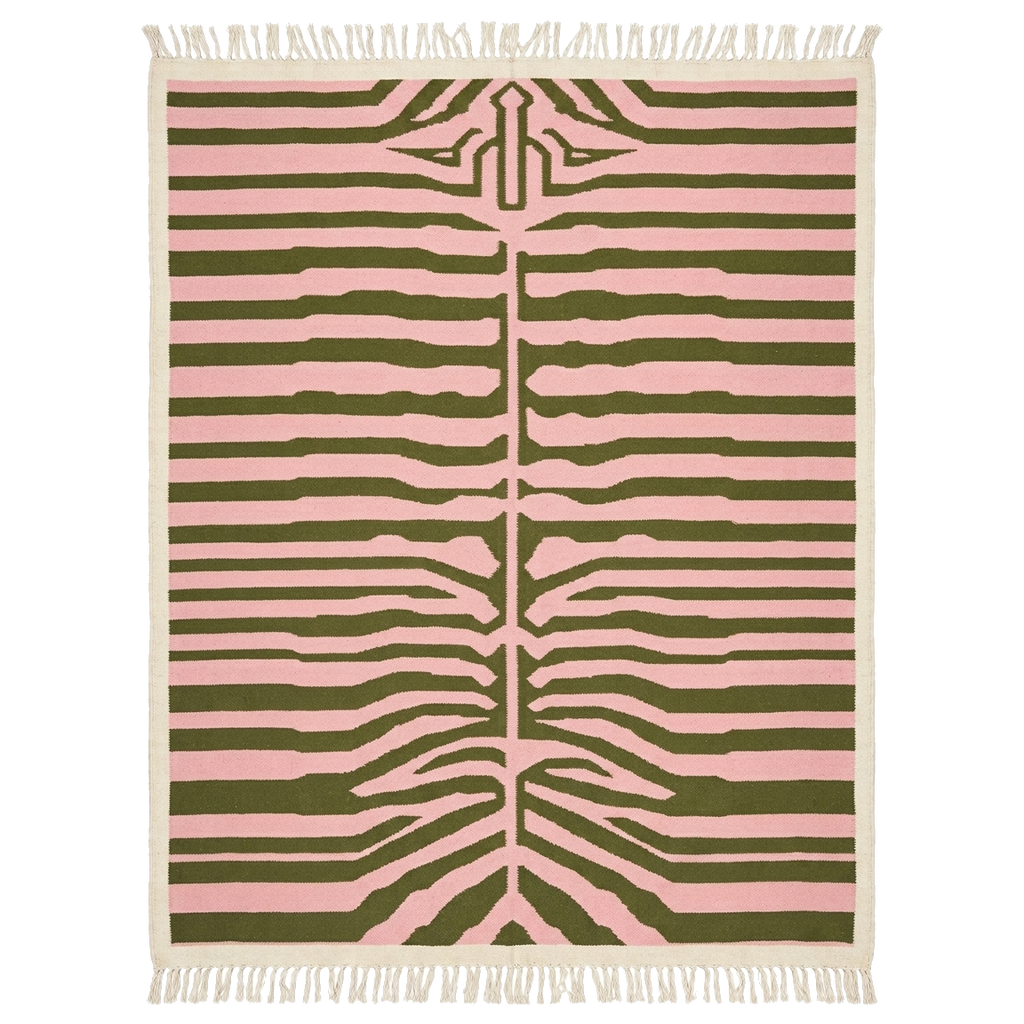 Pink and Olive Green Zebra Stripe Cotton Flat Weave Rug