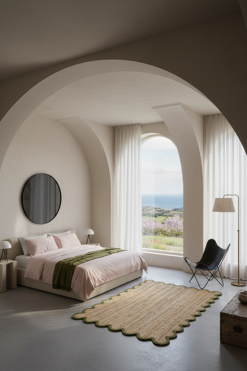 A modern bedroom with a low bed dressed in blush pink bedding and a green throw, set under a large plaster archway. An arched window reveals a coastal landscape, with sheer white curtains, a black chair, a floor lamp, and a scalloped beige rug on a gray floor.