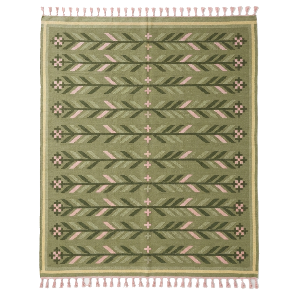 Green and Cream Chevron Kilim Cotton Flat Weave Rug