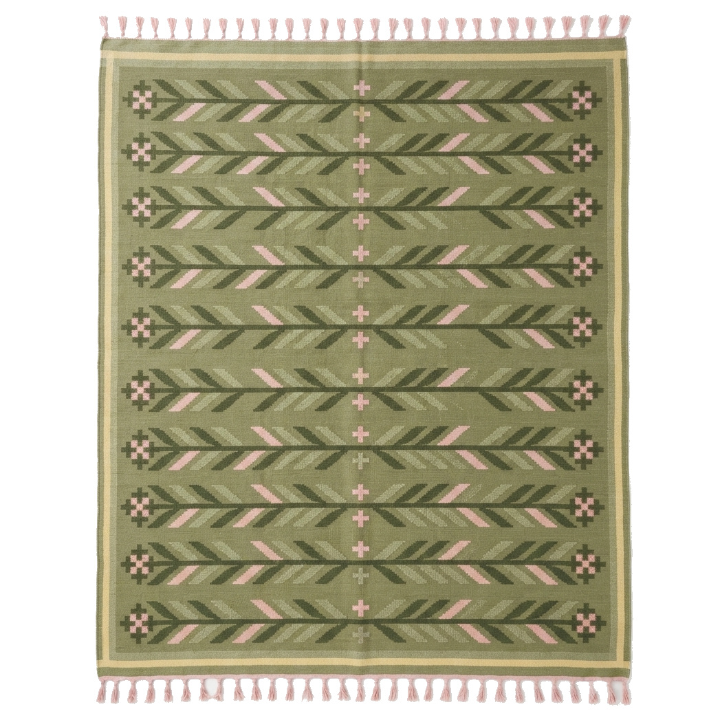 Green and Cream Chevron Kilim Cotton Flat Weave Rug