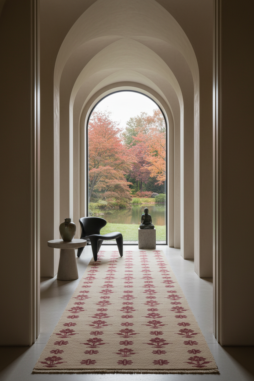 A long cream runner rug with a repeating red floral pattern is displayed on a tiled floor in an arched hallway. A black modern chair, a small side table with a vase, and a statue are placed along the corridor, with a scenic autumn garden visible through the large arched window in the background.