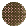 Olive and Pink Checkered Round Hand-Tufted Rug with Scalloped Edge