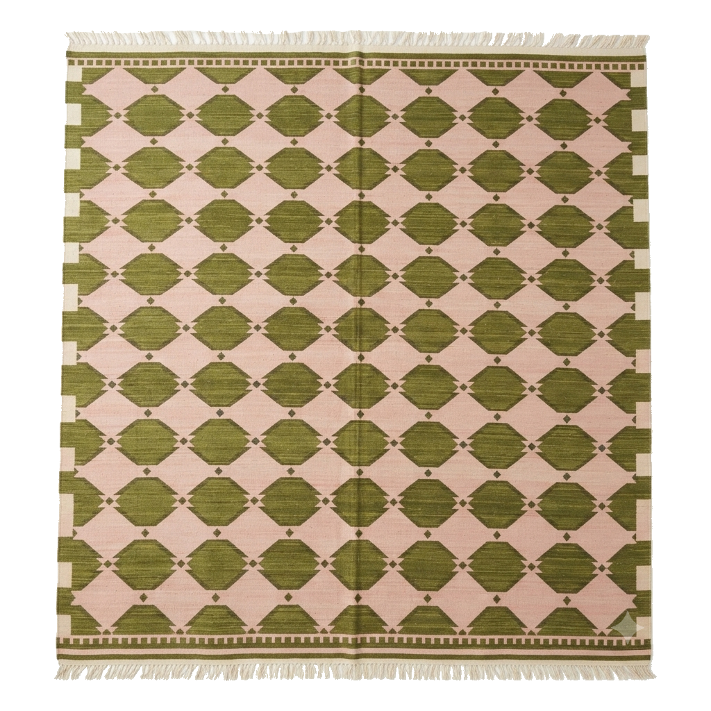 Olive Green and Pink Dot Grid Cotton Flat Weave Rug