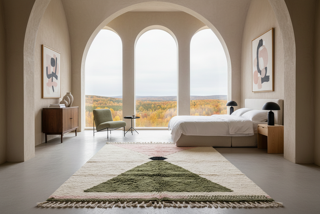 A modern bedroom interior with a large patterned rug in the foreground, a bed, side tables, and tall arched windows overlooking an autumn landscape. The room has warm beige walls and a neutral color palette.